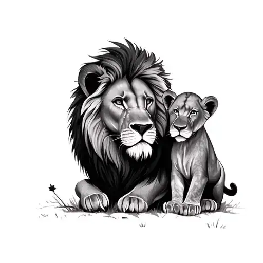 Lion Protecting His Baby Lion