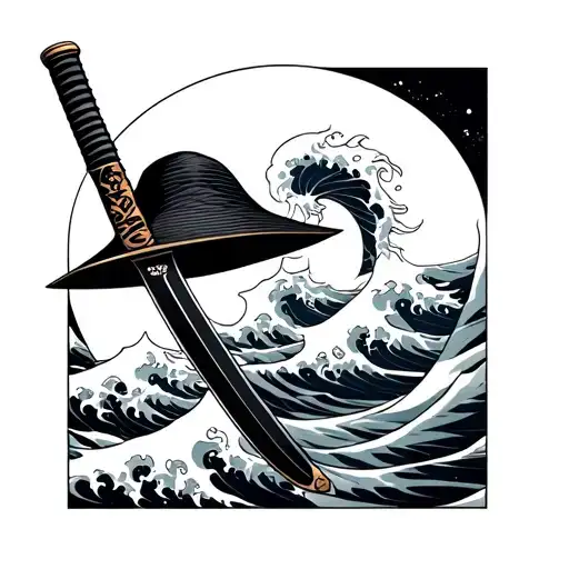 Japanese Waves And Katana With Japanese Hat
