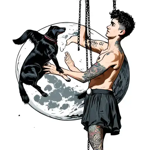 Boy Hanging From Man In The Moon Holding A Dog Wearing