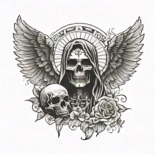 A Black-grey Tattoo Of La Santa Muerte Holding A Skull With A Background Of A Serene Nature Scene