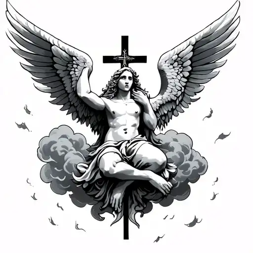 Fallen Angel With A Cross And Clouds Surrounding