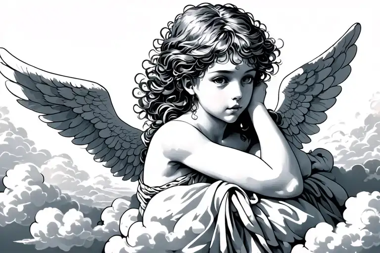 A Teenage Angel With Fanned Hair Resting On Clouds With Two Arm Forward
