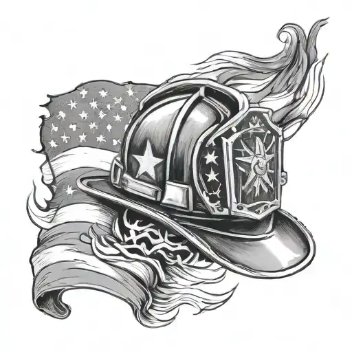 Realism Firefighter Helmet With Torn Wavy American Flag Behind And Smoke