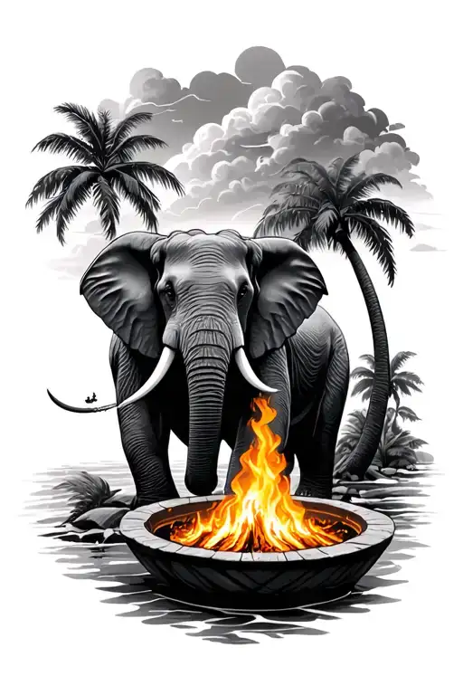 Ocean And Fire Pit And Palm Trees And Elephant