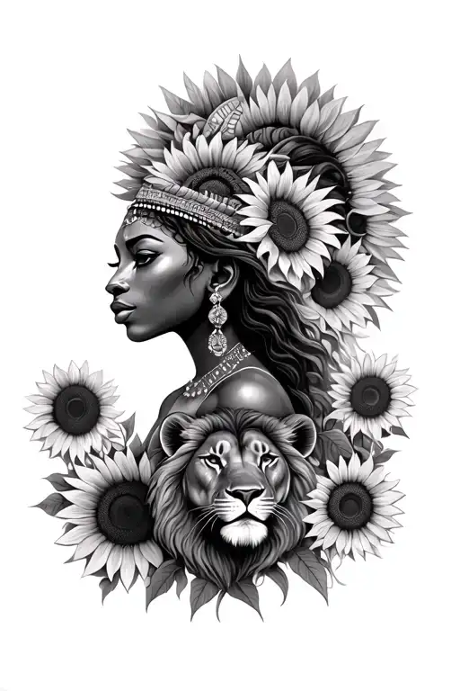 African Goddess Surrounded With Sunflowers That Fades Down Into A Lion Surrounded By Sunflowers Tattoo