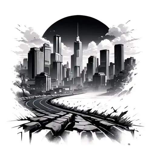 City In Background With Broken Road Leaving