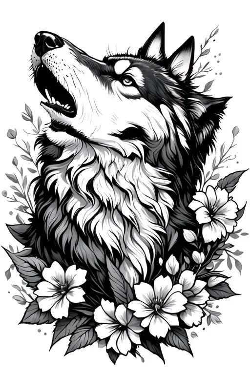 Wolf Howling With Flowers Surrounding