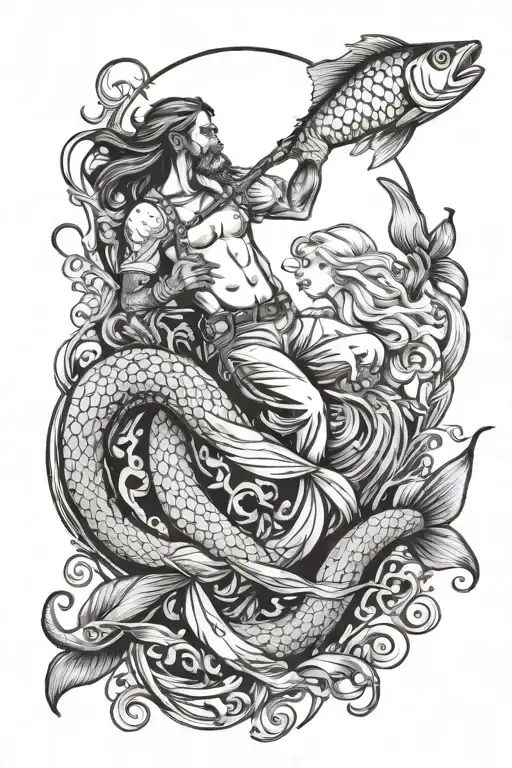 Fisherman With Mermaid With Octopus And Salmon