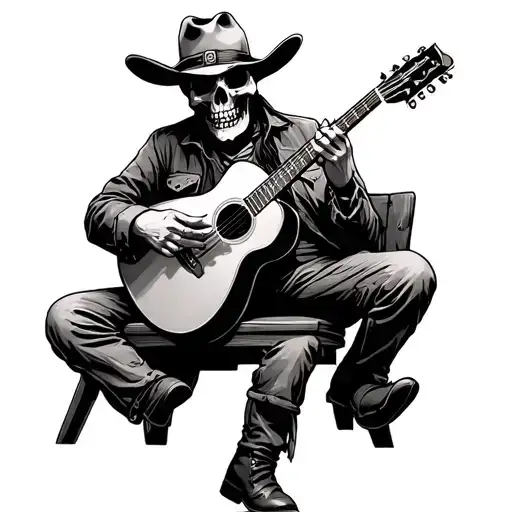 Skull Cowboy Playing Guitar Sitting On Stoll