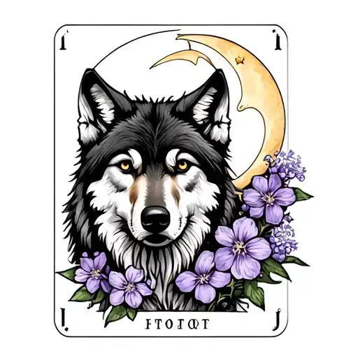 Wolf On A Tarot Card With Lilac Flowers And A Moon