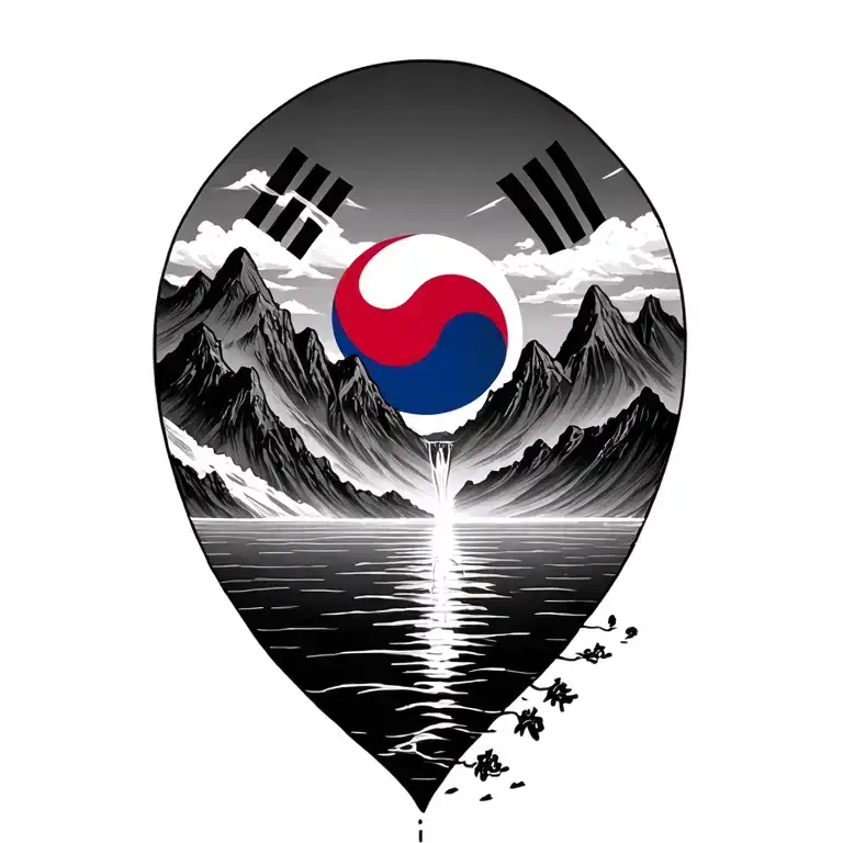 Korean Flag With Mountains And A Waterdall In A Brush Style