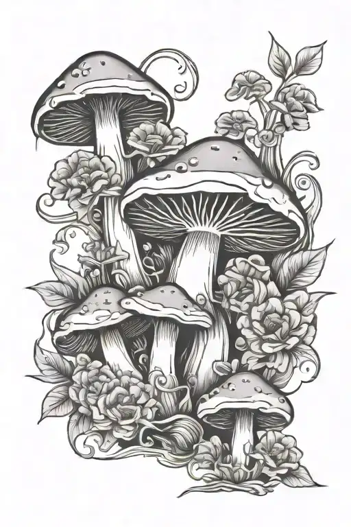 Halloween Themed Tattoo With Mushrooms And Flowers
