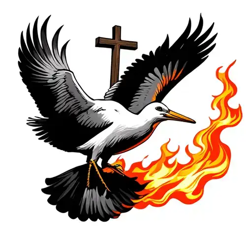 A Flying Stork Holding A Cross On Fire Flames
