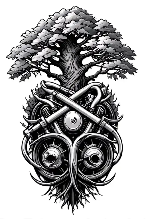 Tree Of Life Intertwined With V Twin Engine