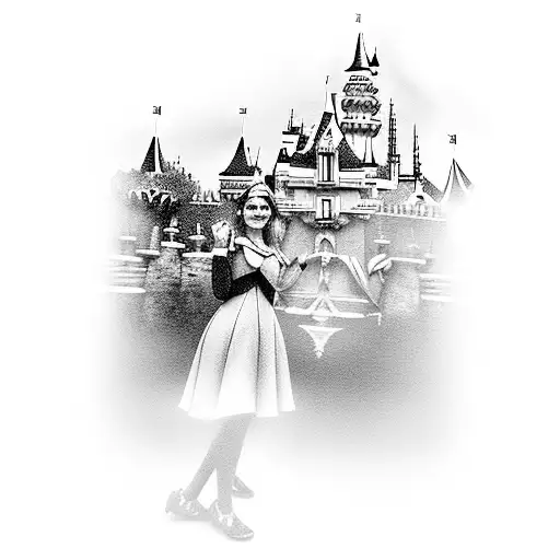 Mother Daughter In Disneyland In Front Of Magic Kingdom