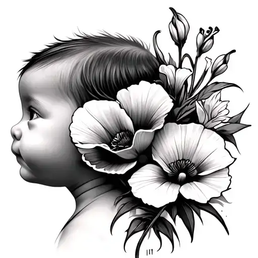 Baby Side Profile With Poppy's And Gladiolus Blooming