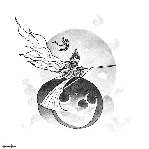A Black-grey Tattoo Depicting A Witch Flying On A Broomstick With A Moonlit Ocean Below