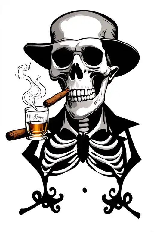 Whiskey And Cigar Smoking Skeleton Man
