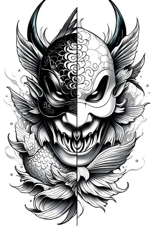 Japanes Oni Mask Split In Half With Koi Fish Sleeve