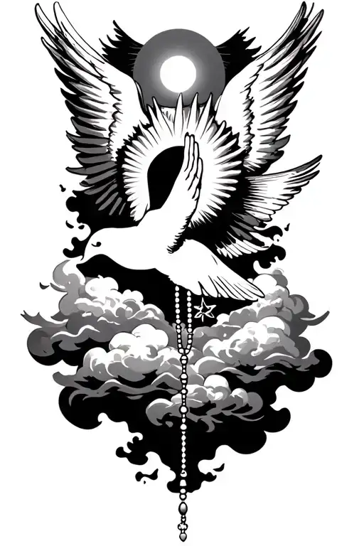 Prayer Patience Success Which Are In Line With Clouds Around A Sun A Dove Holding A Rosary