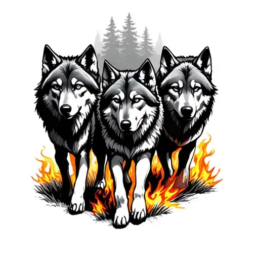 Three Wolves Walking Together Out A Forest On Fire