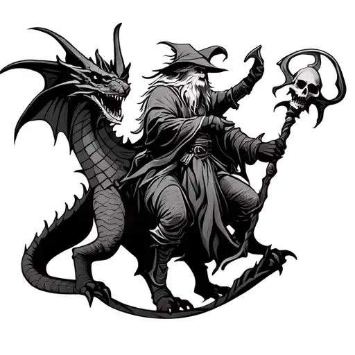 Wizzard Holding A Skull Staff While Riding A Dragon