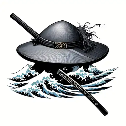 Japanese Hat On Top Of The Katana And Japanese Waves Below