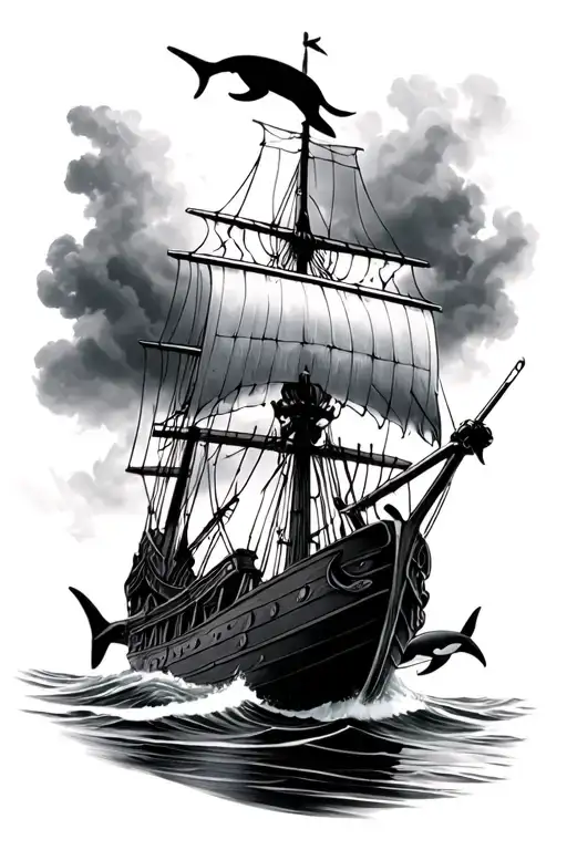 Viking Ship Sailing Through Storm And With An Orca In The Water Next To It