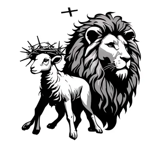 Lion Of Judah And A Lamb With A Crown Of Thorns With The Cross Between Them