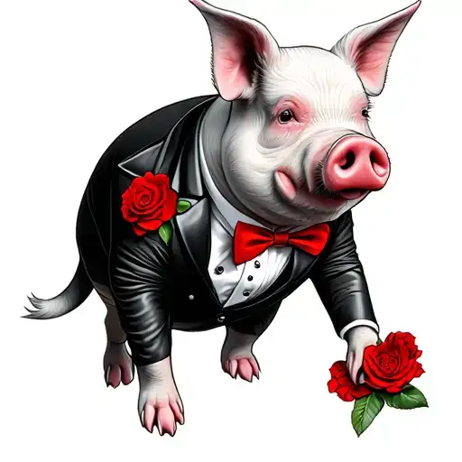 Gangster Pig With Tuxedo With Red Bowtie And Red Flower On Lapel