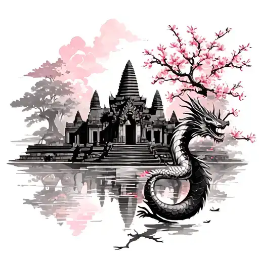 Angkor Wat Temple With Cherry Blossom And Dragon