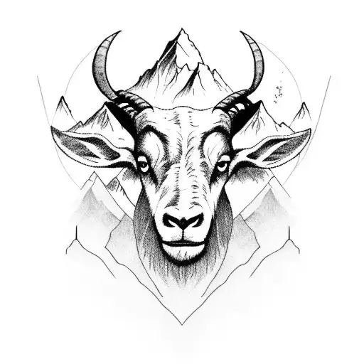 A Black-grey Tattoo Of A Majestic Mountain Range Shaped Like A Goat's Silhouette