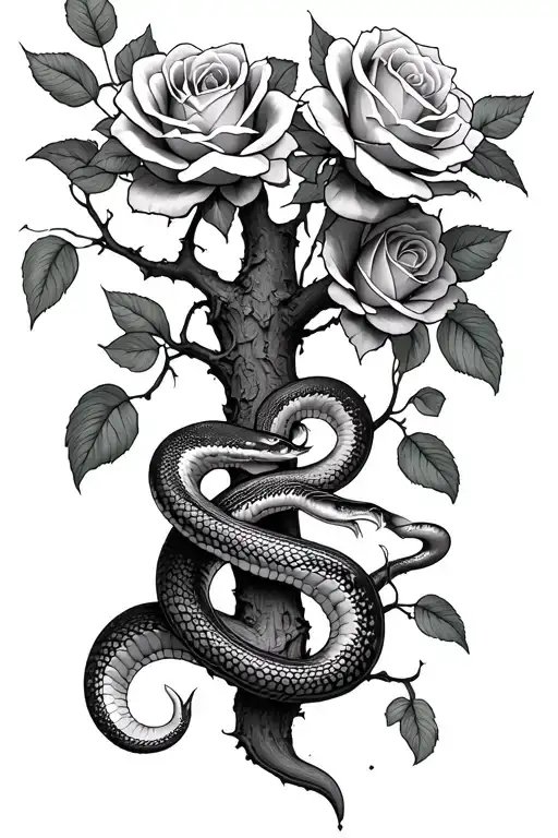 Tress With Snake As Trunk And Roses