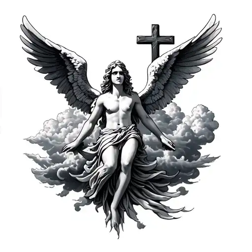 Fallen Angel With A Cross And Clouds Surrounding
