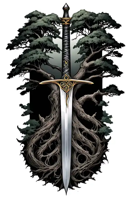 Lord Of The Rings Sword Mixed With Tree Of Gondor