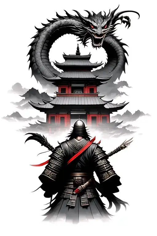 A Samurai Facing A Temple With A Dragon Above It