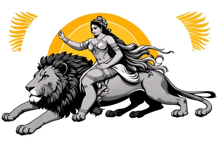 Persian Woman Riding Lion With Sun Behind Lion
