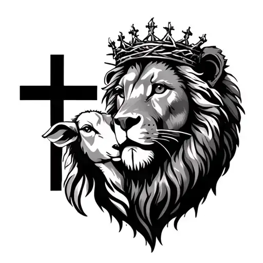 Lion Of Judah And A Lamb With A Crown Of Thorns With The Cross Between Them