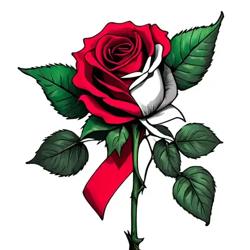 Red Rose With Half Green Half Pink Ribbon