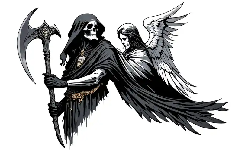 Guardian Angel Vs Dark Grim Reaper Holding A Scythe