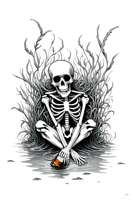 Depressed Skeleton Sitting On The Ocean Floor Tangled In Sea Weed Holding A Bottle Of Whiskey