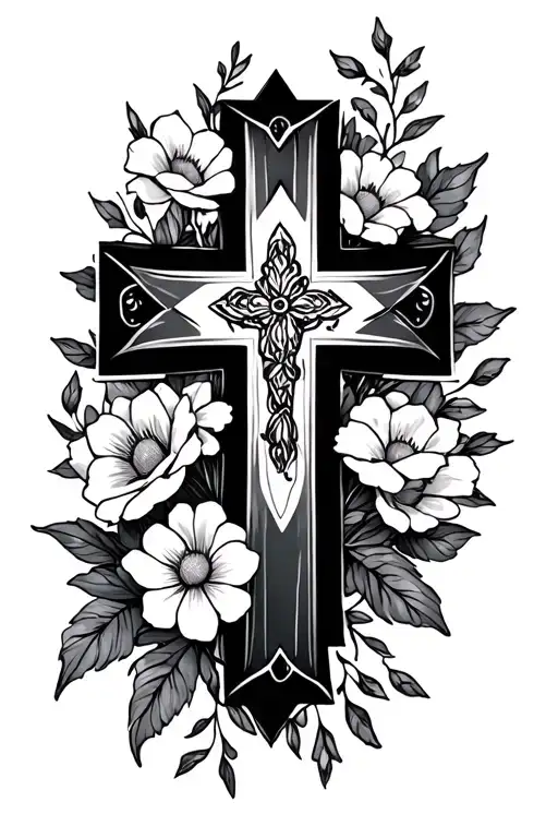 Fine Line Cross With Flowers Around The Cross