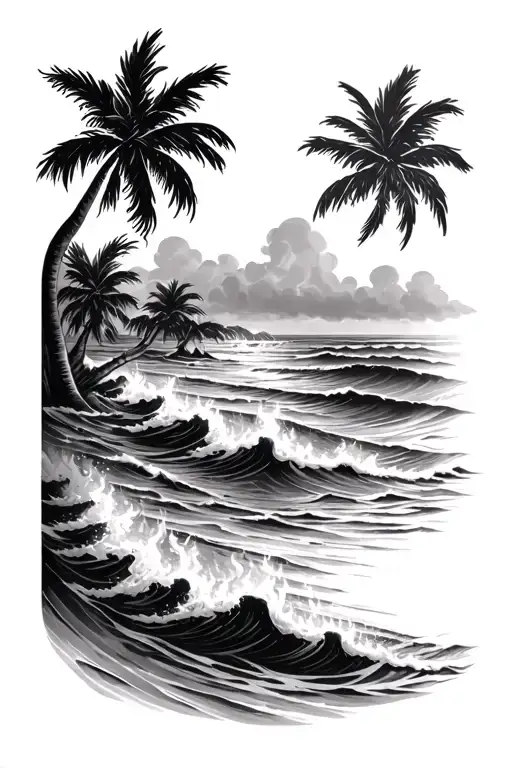 Ocean And Fire And Palm Trees