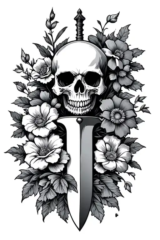 Oldschool Skull Dagger And Flowers Growing Inside
