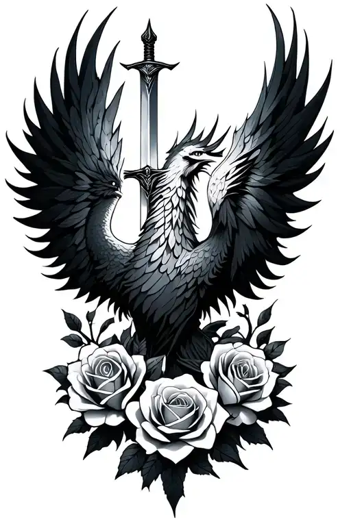 Minimalist Phoenix Rising With Sword And Roses Intertwined