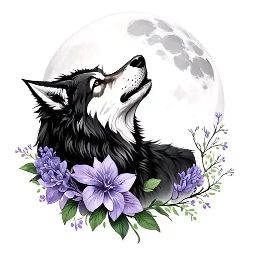 Wolf Howling At The Moon With Lilac Flower