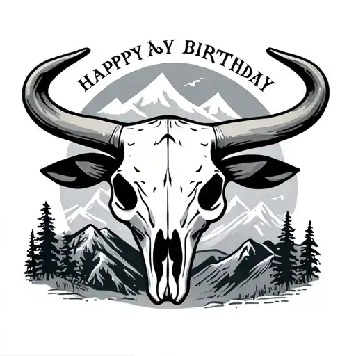 Steer Skull With Grandmas Birthday Surrounded In Mtns