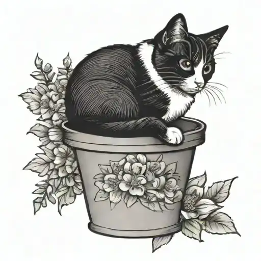 Tuxedo Cat In A Flower Pot Of Daisies