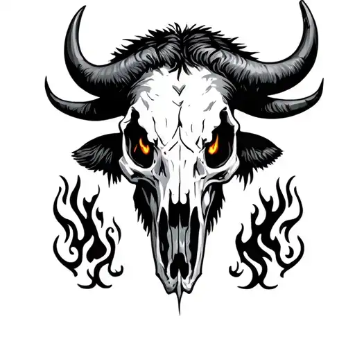 American Traditional Buffalo Skull With Fire Eyes