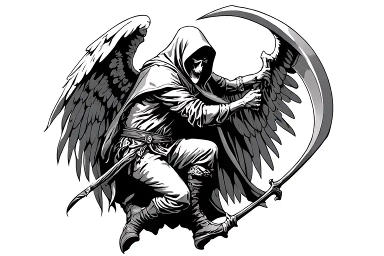 A Hooded Guardian Angel Fightng Against A Grim Reaper Holding A Scythe